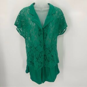 VTG VICTORIAS SECRET Pajama Short Set Women M Green Lace Sleep Lounge Gold Label